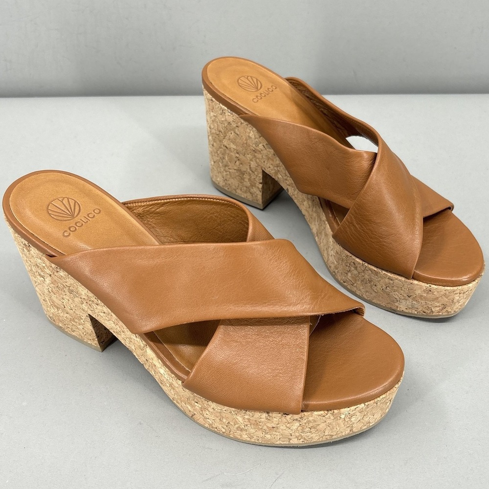 Coclico Shoes Size 6.5 37 Brown Leather Cork Platform Block Heel Slide Sandals